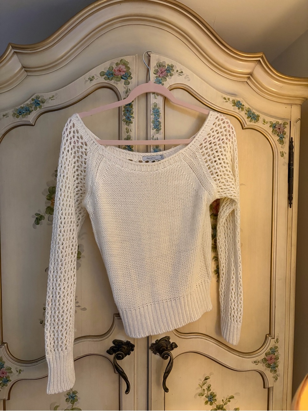 Cream Open-Knit Long Sleeve Women's Sweater